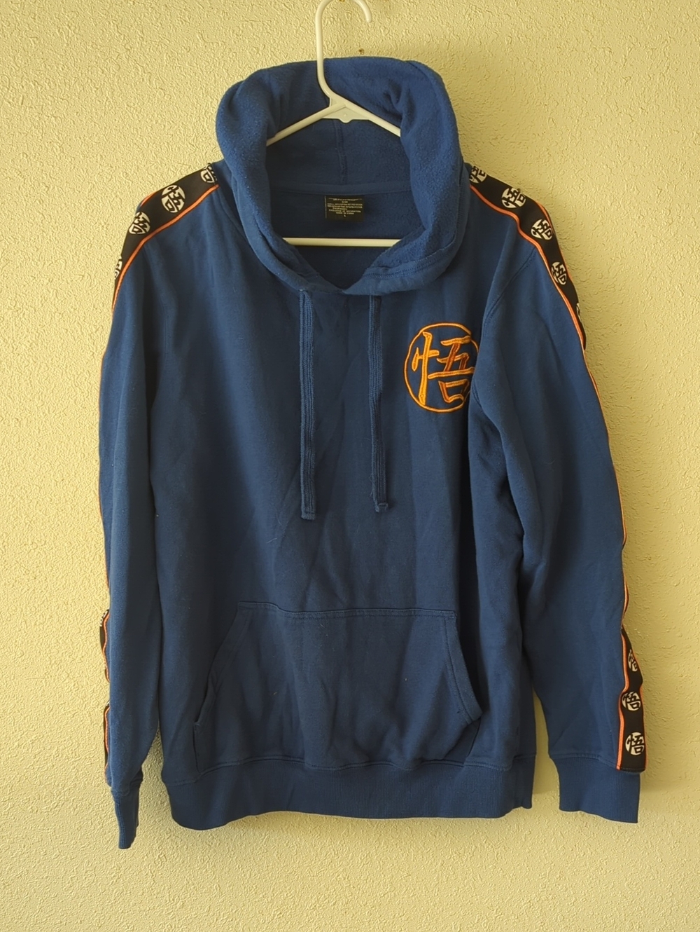 Men's Blue Pullover Hoodie with Orange Graphic Trim
